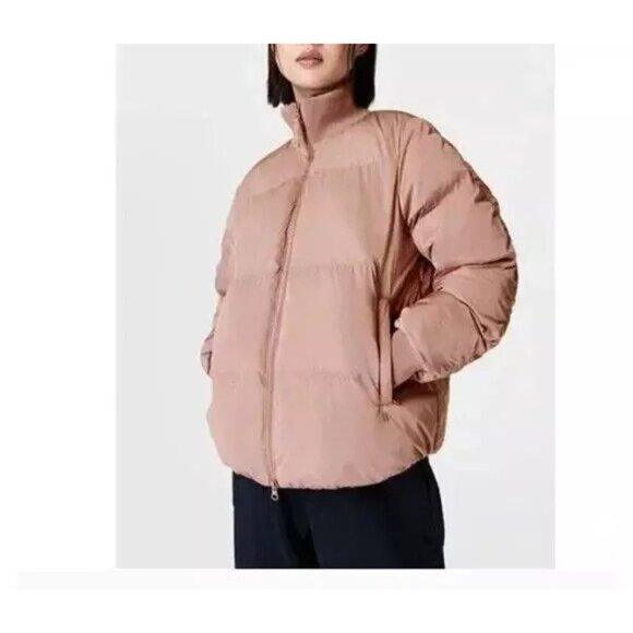 Sweaty Betty Womens 4 Dusty Pink Insulated Puffer Bomber Jacket Ribbed Collar - Picture 2 of 15